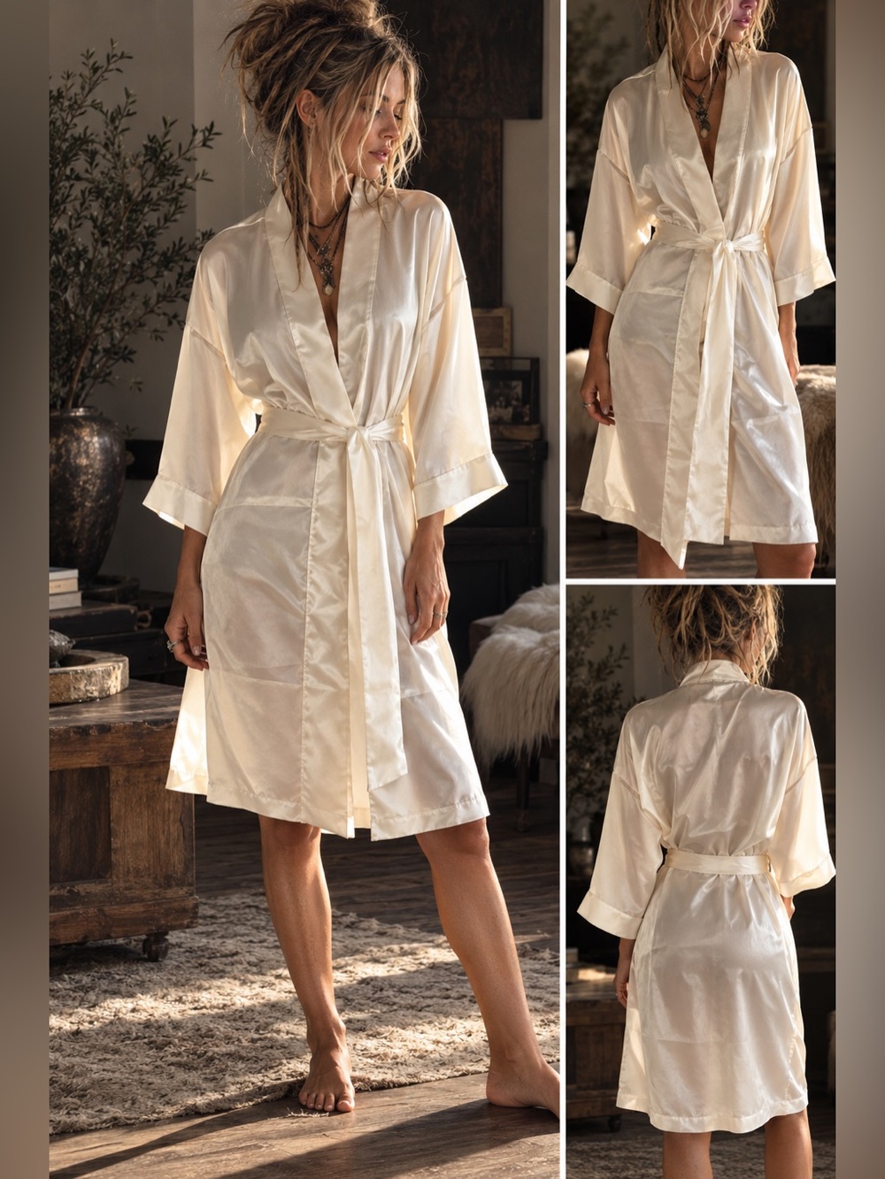 Vintage Intimate Affair California Ivory Satin Robe Kimono Small USA Made